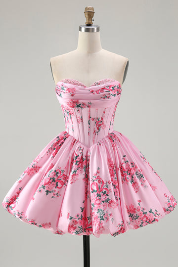 Pink Flower A-Line Printed Corset Strapless Homecoming Dress